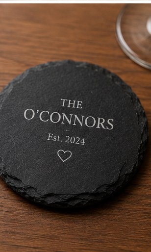 Round slate coaster engraved with a family name and est. year