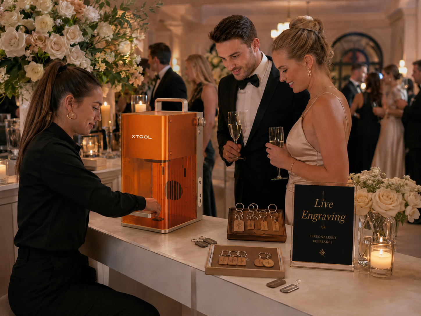 Live laser engraving station personalising items at an event