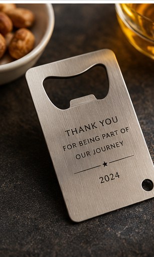 Engraved stainless steel bottle opener card with personal message and year
