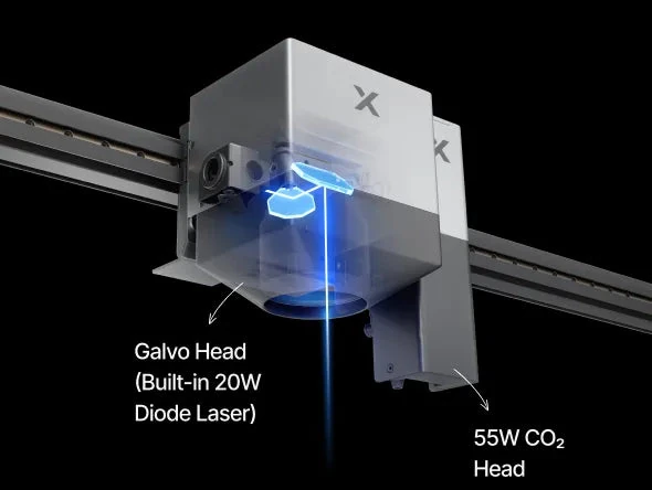 xTool X1 separate 55W CO₂ processing head and galvo head with built-in 20W diode laser