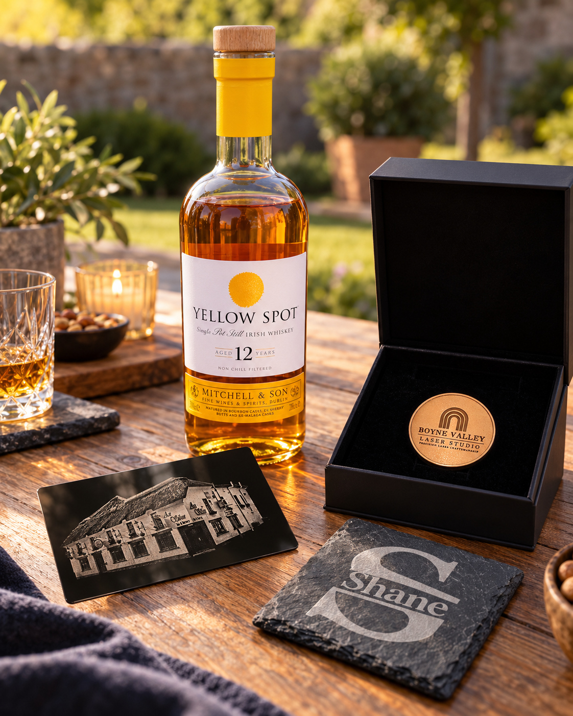 Studio gift selection with a marked metal piece, personalised slate coaster and BVLS-branded keepsake beside a whiskey bottle