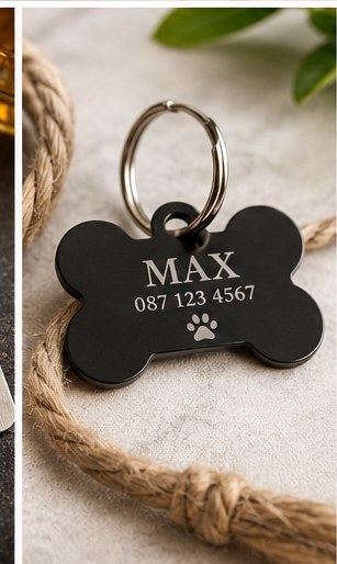 Black bone-shaped pet ID tag engraved with name and phone number