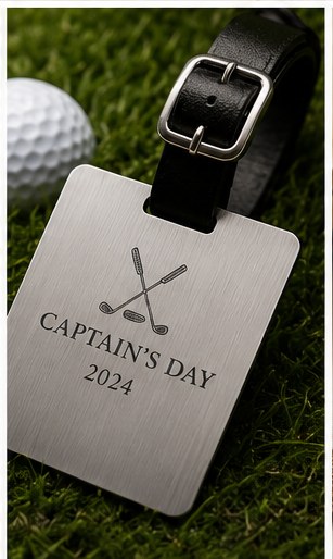 Brushed metal golf bag tag engraved with Captain's Day crest and year