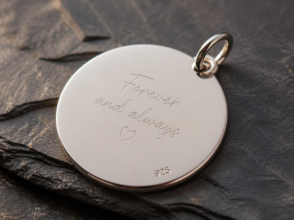 Sterling silver pendant — UV surface marking on a plain sterling disc — no material removal