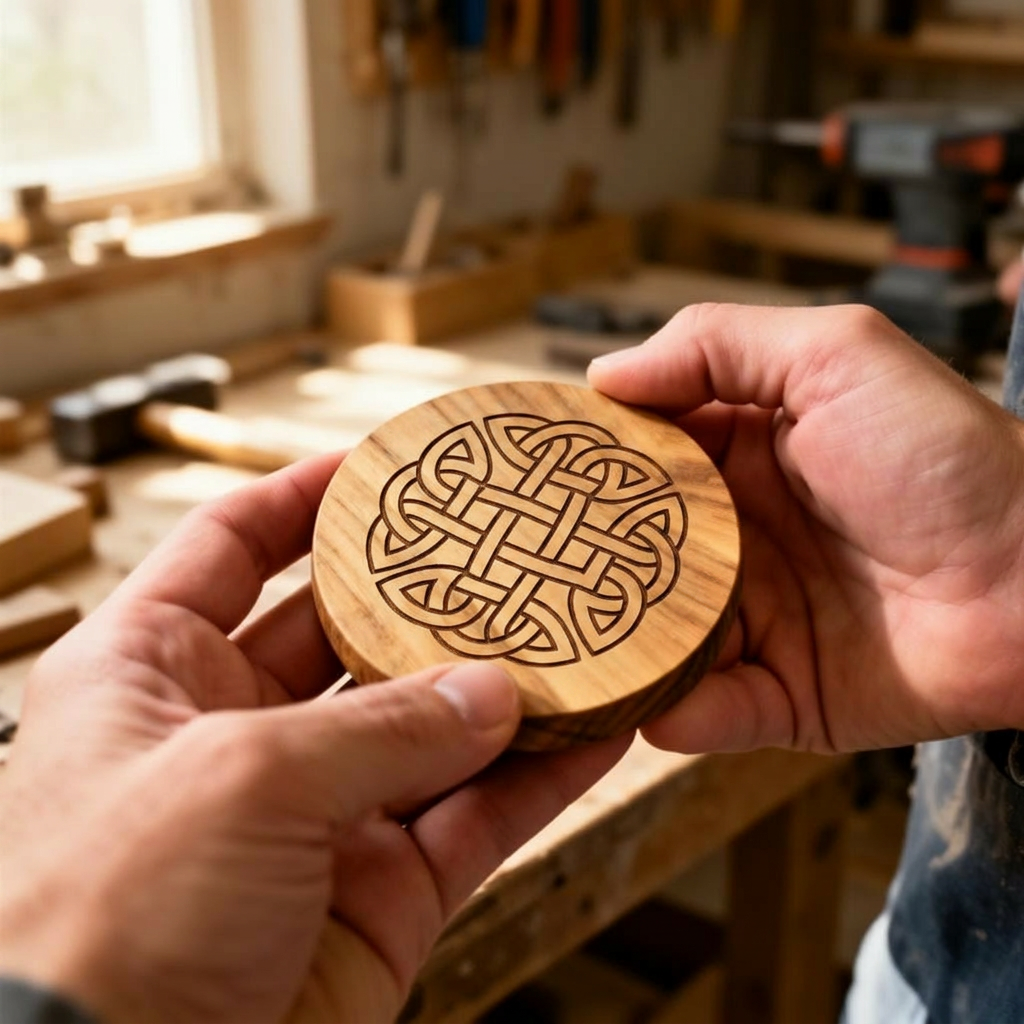 Hands holding a freshly engraved wooden keepsake at a community workshop