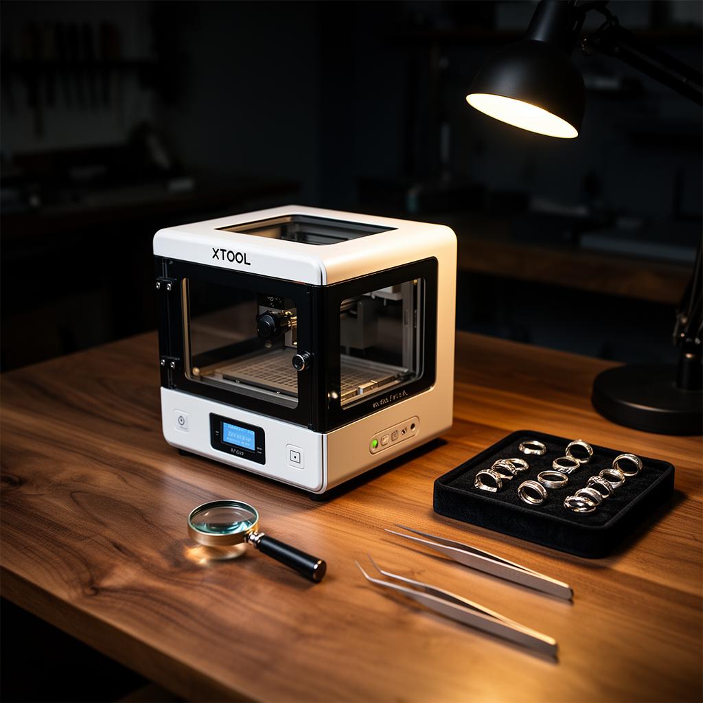 A jeweller's bench with a compact laser engraver and tray of rings